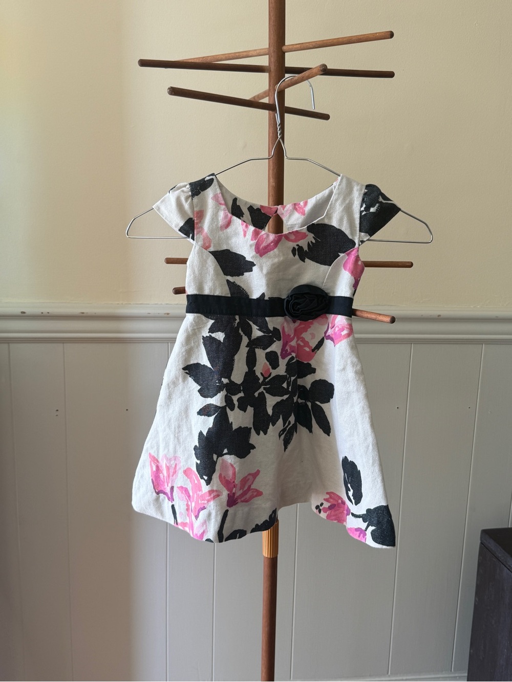 Lilly Pulitzer Metallic Floral A-Line Dress w/ Black Sash - White, Pink & Black